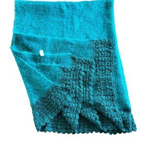 Cost Plus World Market Teal Wool Blend Blanket Throw With Crocheted Trim
